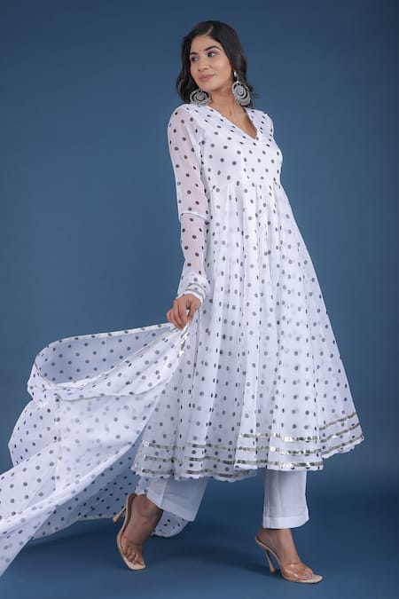 Pomcha Jaipur_White Organza, Cotton Metallic Thread, Tassels Polka Dot Print Anarkali Pant Set _Online_at_Aza_Fashions