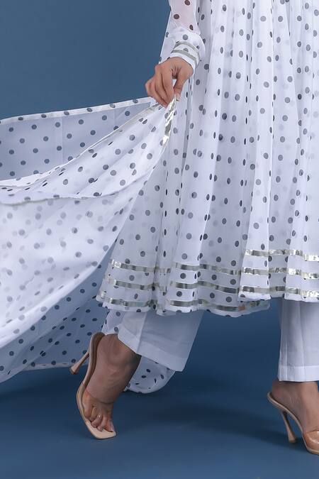 Pomcha Jaipur_White Organza, Cotton Metallic Thread, Tassels Polka Dot Print Anarkali Pant Set _at_Aza_Fashions