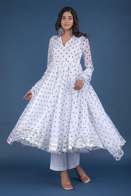 Buy_Pomcha Jaipur_White Organza, Cotton Metallic Thread, Tassels Polka Dot Print Anarkali Pant Set _Online_at_Aza_Fashions