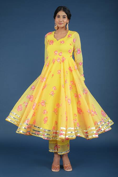 Shop_Pomcha Jaipur_Yellow Organza, Cotton Tassels Round Neck Flora Print Anarkali Pant Set _Online_at_Aza_Fashions