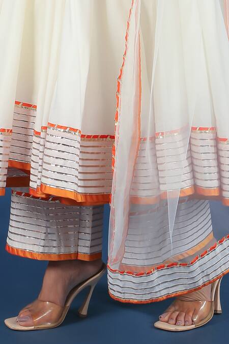 Pomcha Jaipur_Off White Cotton, Silk, Net Embroidery, Tassels V-neck Angrakha Pant Set _Online_at_Aza_Fashions