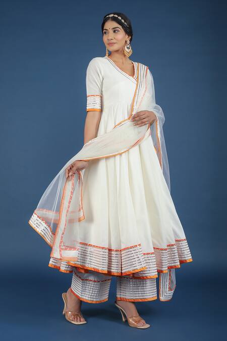 Buy_Pomcha Jaipur_Off White Cotton, Silk, Net Embroidery, Tassels V-neck Angrakha Pant Set _Online_at_Aza_Fashions