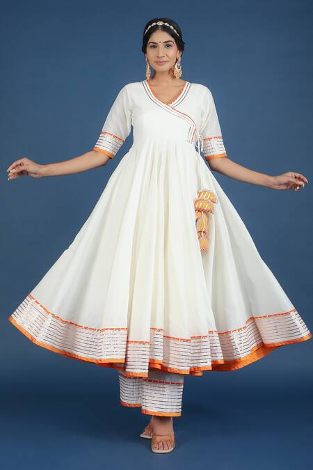 Shop_Pomcha Jaipur_Off White Cotton, Silk, Net Embroidery, Tassels V-neck Angrakha Pant Set _Online_at_Aza_Fashions