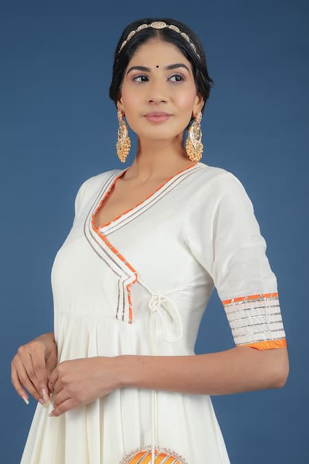 Pomcha Jaipur_Off White Cotton, Silk, Net Embroidery, Tassels V-neck Angrakha Pant Set _at_Aza_Fashions