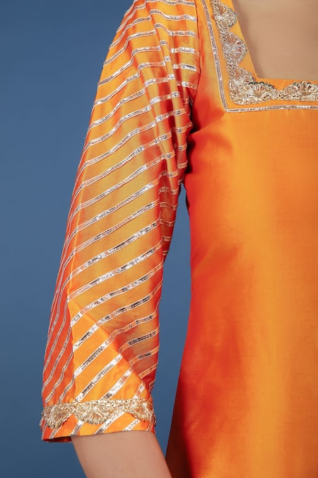 Shop_Pomcha Jaipur_Orange Taffeta, Organza Embroidery Square Neck Striped Sleeve Kurta Pant Set _Online_at_Aza_Fashions