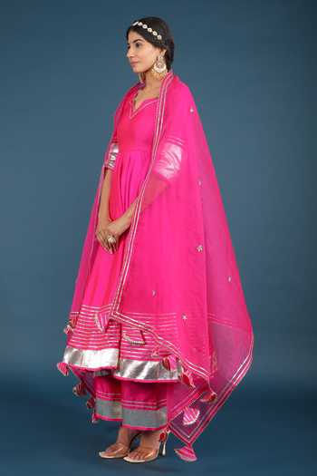 Pomcha Jaipur_Pink Taffeta, Silk, Organza Tassels, Metallic Thread Striped Anarkali Pant Set _Online_at_Aza_Fashions