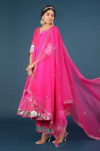 Buy_Pomcha Jaipur_Pink Taffeta, Silk, Organza Tassels, Metallic Thread Striped Anarkali Pant Set _Online_at_Aza_Fashions