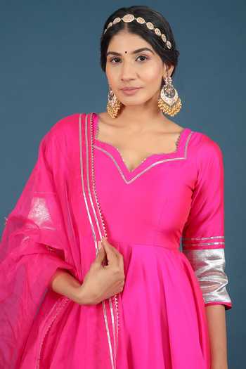 Shop_Pomcha Jaipur_Pink Taffeta, Silk, Organza Tassels, Metallic Thread Striped Anarkali Pant Set _Online_at_Aza_Fashions