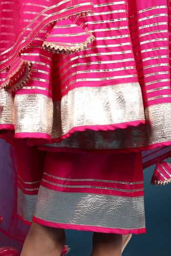 Pomcha Jaipur_Pink Taffeta, Silk, Organza Tassels, Metallic Thread Striped Anarkali Pant Set _at_Aza_Fashions
