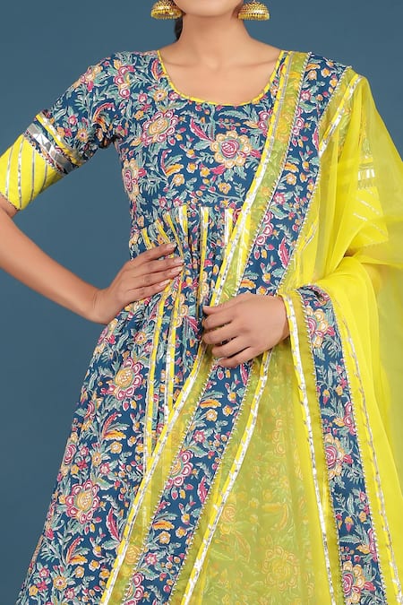 Pomcha Jaipur_Blue Cotton, Organza Embroidery Round Neck Spring Anarkali Skirt Set _at_Aza_Fashions