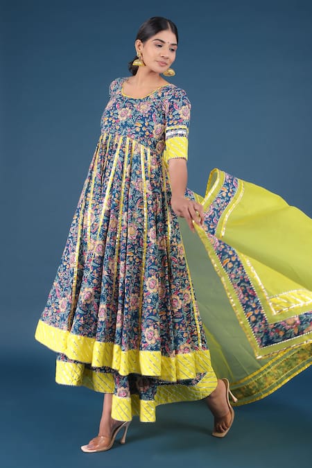 Pomcha Jaipur_Blue Cotton, Organza Embroidery Round Neck Spring Anarkali Skirt Set _Online_at_Aza_Fashions