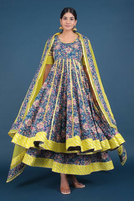 Buy_Pomcha Jaipur_Blue Cotton, Organza Embroidery Round Neck Spring Anarkali Skirt Set _Online_at_Aza_Fashions