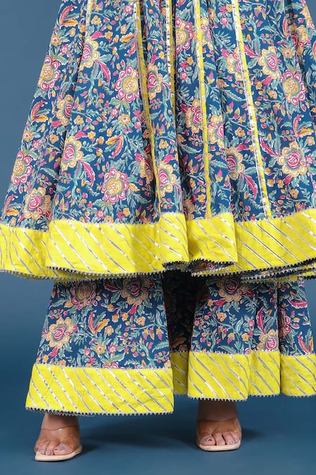 Shop_Pomcha Jaipur_Blue Cotton, Organza Embroidery Round Neck Spring Anarkali Skirt Set _Online_at_Aza_Fashions