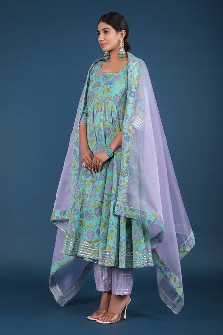 Pomcha Jaipur_Green Cotton, Organza Embroidery Square Neck Spring Anarkali Pant Set _Online_at_Aza_Fashions