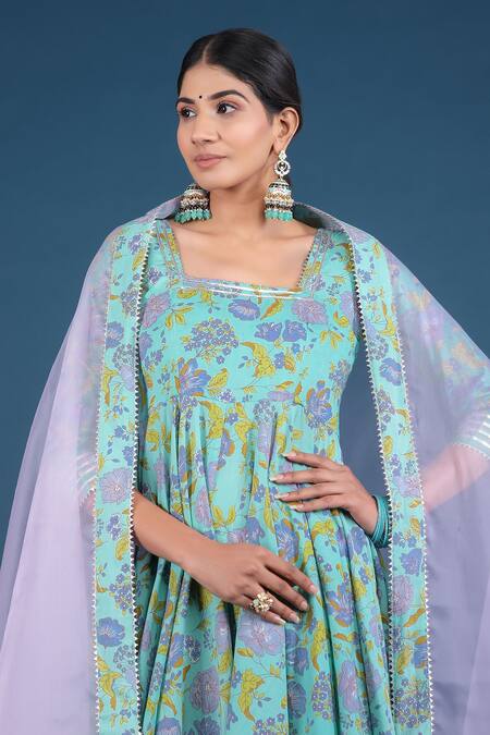 Shop_Pomcha Jaipur_Green Cotton, Organza Embroidery Square Neck Spring Anarkali Pant Set _Online_at_Aza_Fashions