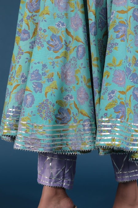 Pomcha Jaipur_Green Cotton, Organza Embroidery Square Neck Spring Anarkali Pant Set _at_Aza_Fashions