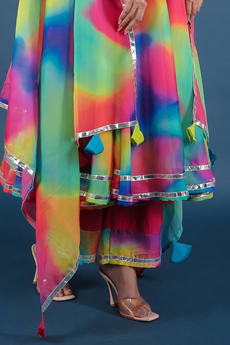 Pomcha Jaipur_Multi Color Organza, Cotton Tassels Mandarin Abstract Pattern Anarkali Pant Set _Online_at_Aza_Fashions