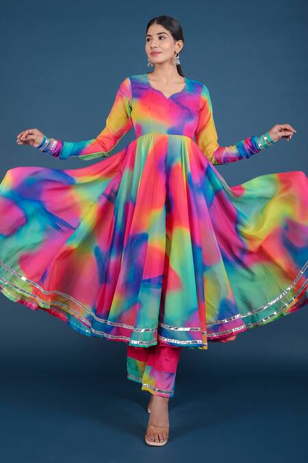 Buy_Pomcha Jaipur_Multi Color Organza, Cotton Tassels Mandarin Abstract Pattern Anarkali Pant Set _Online_at_Aza_Fashions