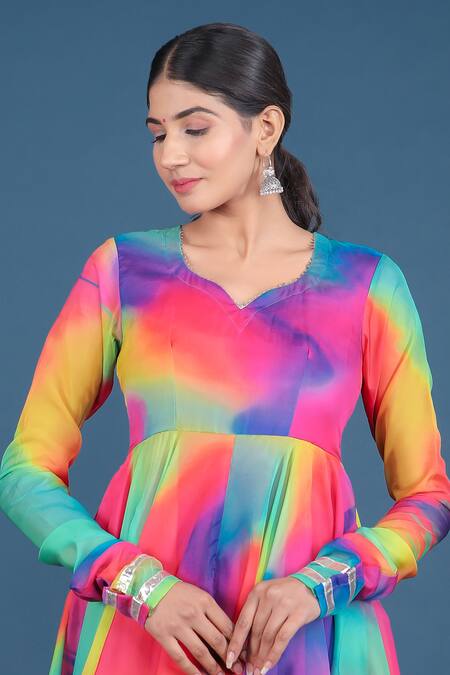 Shop_Pomcha Jaipur_Multi Color Organza, Cotton Tassels Mandarin Abstract Pattern Anarkali Pant Set _Online_at_Aza_Fashions