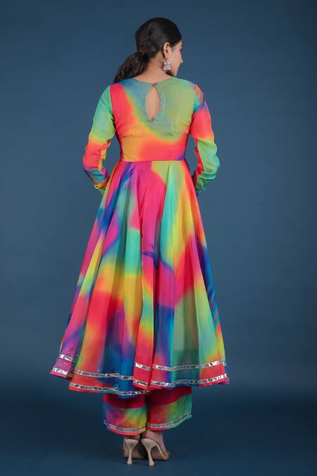 Pomcha Jaipur_Multi Color Organza, Cotton Tassels Mandarin Abstract Pattern Anarkali Pant Set _at_Aza_Fashions