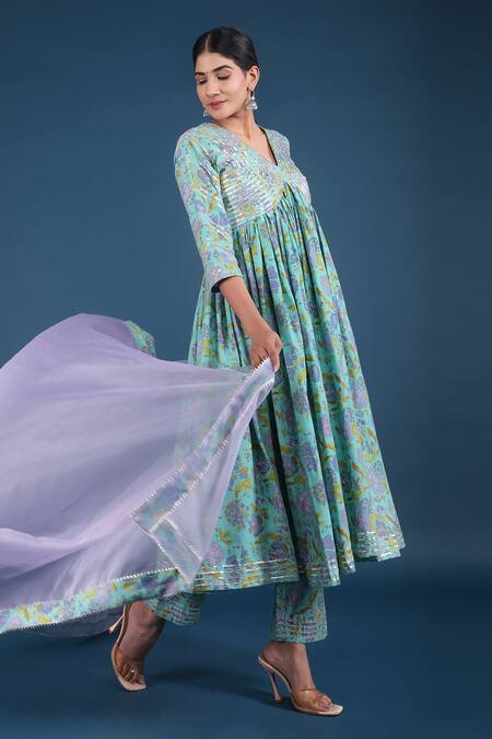 Pomcha Jaipur_Green Cotton, Organza Embroidery, Cut Work Blossom Print Anarkali Pant Set _Online_at_Aza_Fashions