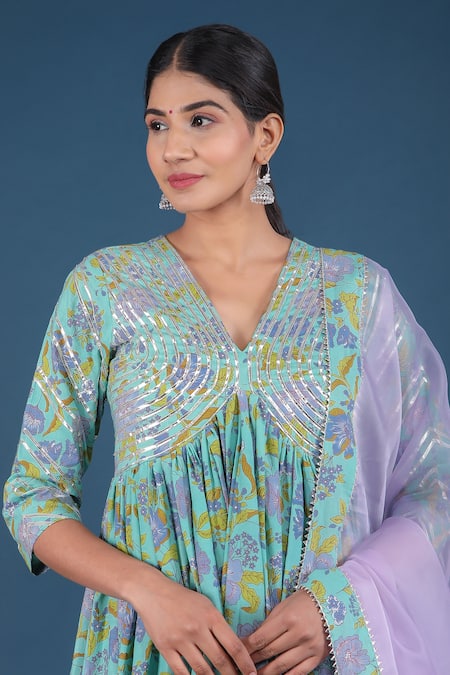 Buy_Pomcha Jaipur_Green Cotton, Organza Embroidery, Cut Work Blossom Print Anarkali Pant Set _Online_at_Aza_Fashions