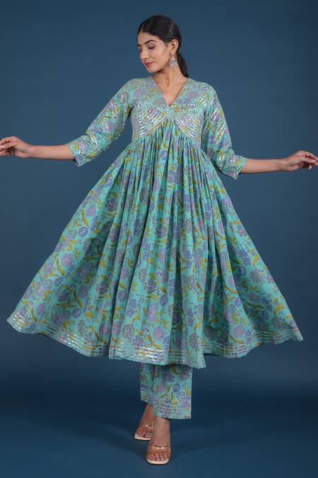 Shop_Pomcha Jaipur_Green Cotton, Organza Embroidery, Cut Work Blossom Print Anarkali Pant Set _Online_at_Aza_Fashions