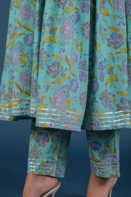 Pomcha Jaipur_Green Cotton, Organza Embroidery, Cut Work Blossom Print Anarkali Pant Set _at_Aza_Fashions