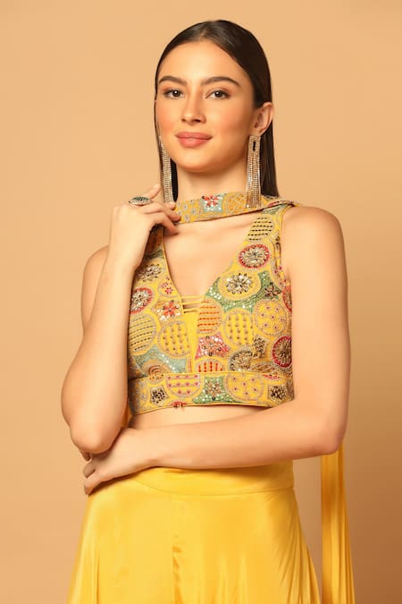 Two Sisters By Gyans_Yellow Crepe Embroidery, Sequins V-neck And Dori Blouse Palazzo Set _at_Aza_Fashions