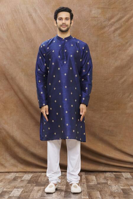 Aham-Vayam_Blue Silk Blend Floral Kamal Embroidered Kurta Set_Online_at_Aza_Fashions