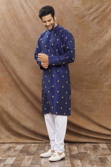 Buy_Aham-Vayam_Blue Silk Blend Floral Kamal Embroidered Kurta Set_Online_at_Aza_Fashions