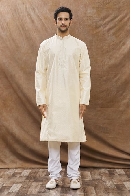 Aham-Vayam_Yellow Cotton Chevron Utsav Pattern Kurta Set_Online_at_Aza_Fashions