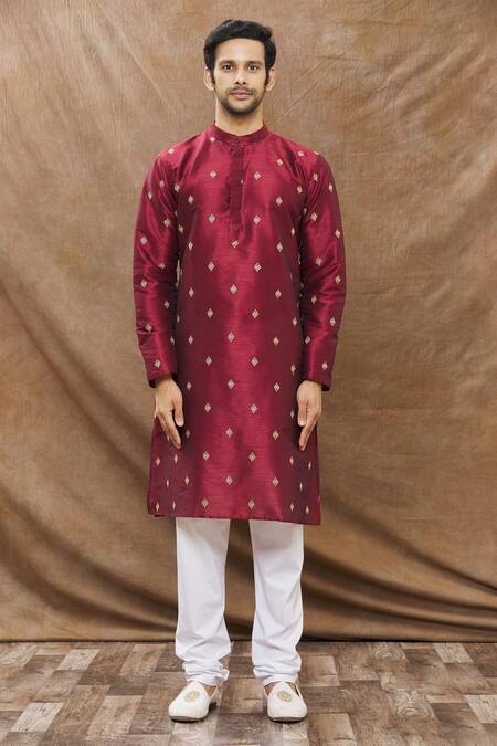Aham-Vayam Wine Silk Blend Floral Kamal Embroidered Kurta Set Online at Aza Fashions Aham-Vayam_Wine Silk Blend Floral Kamal Embroidered Kurta Set _Online_at_Aza_Fashions