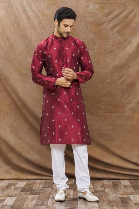 Buy Aham-Vayam Wine Silk Blend Floral Kamal Embroidered Kurta Set Online at Aza Fashions Buy_Aham-Vayam_Wine Silk Blend Floral Kamal Embroidered Kurta Set _Online_at_Aza_Fashions