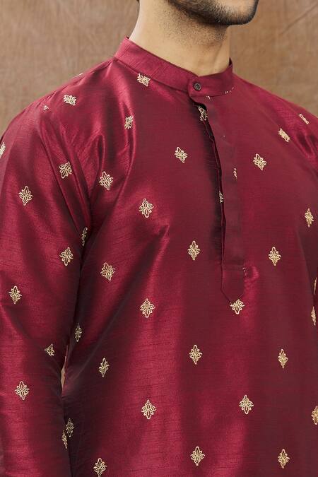 Shop Aham-Vayam Wine Silk Blend Floral Kamal Embroidered Kurta Set Online at Aza Fashions Shop_Aham-Vayam_Wine Silk Blend Floral Kamal Embroidered Kurta Set _Online_at_Aza_Fashions