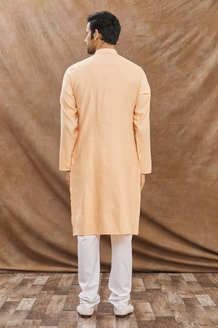 Shop Aham-Vayam Orange Cotton Scallop Uday Embroidered Kurta Set at Aza Fashions Shop_Aham-Vayam_Orange Cotton Scallop Uday Embroidered Kurta Set_at_Aza_Fashions