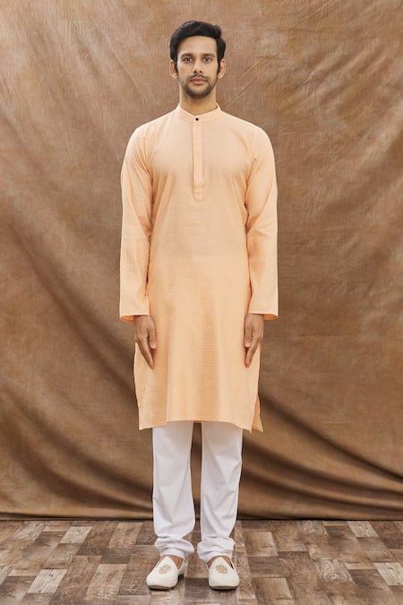 Aham-Vayam Orange Cotton Scallop Uday Embroidered Kurta Set Online at Aza Fashions Aham-Vayam_Orange Cotton Scallop Uday Embroidered Kurta Set_Online_at_Aza_Fashions
