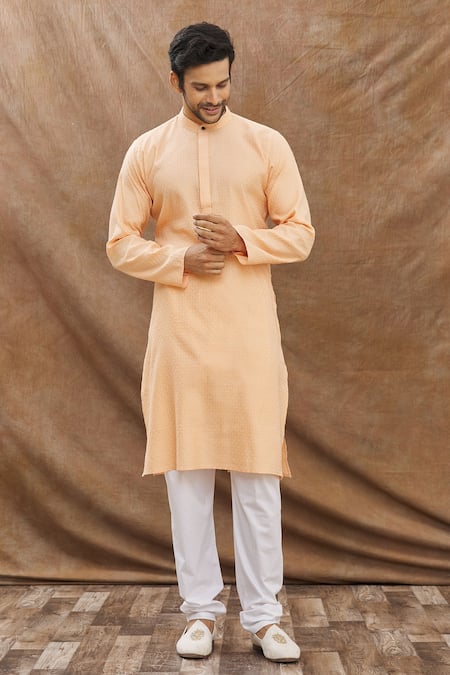 Buy Aham-Vayam Orange Cotton Scallop Uday Embroidered Kurta Set Online at Aza Fashions Buy_Aham-Vayam_Orange Cotton Scallop Uday Embroidered Kurta Set_Online_at_Aza_Fashions