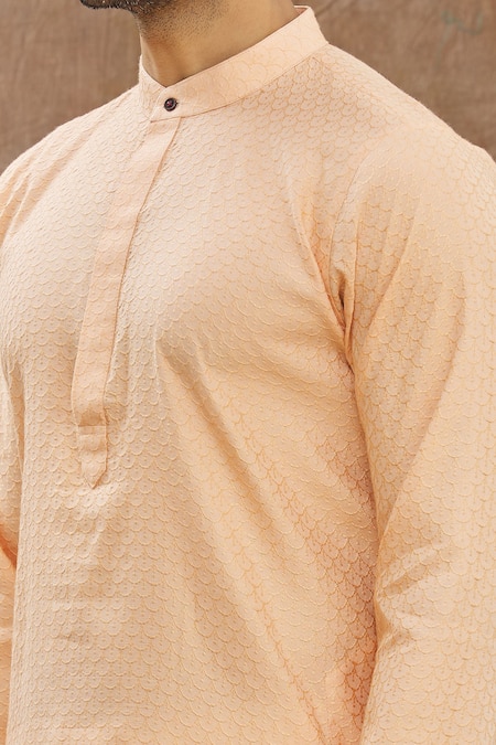 Shop Aham-Vayam Orange Cotton Scallop Uday Embroidered Kurta Set Online at Aza Fashions Shop_Aham-Vayam_Orange Cotton Scallop Uday Embroidered Kurta Set_Online_at_Aza_Fashions