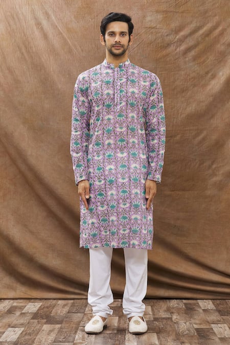 Aham-Vayam_Purple Cotton Floral Kamal Print Kurta Set _Online_at_Aza_Fashions
