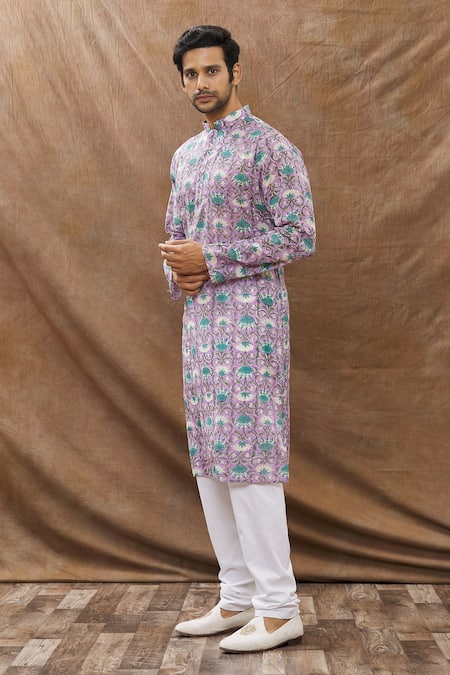 Buy_Aham-Vayam_Purple Cotton Floral Kamal Print Kurta Set _Online_at_Aza_Fashions