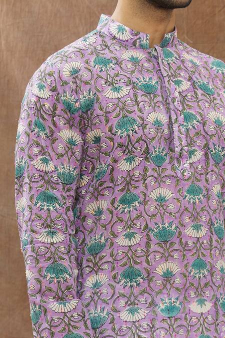 Shop_Aham-Vayam_Purple Cotton Floral Kamal Print Kurta Set _Online_at_Aza_Fashions