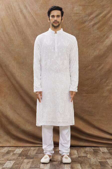 Aham-Vayam White Cotton Blend Swan Leaf Embroidered Kurta Set Online at Aza Fashions Aham-Vayam_White Cotton Blend Swan Leaf Embroidered Kurta Set _Online_at_Aza_Fashions