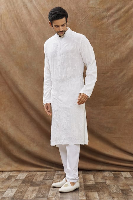Buy Aham-Vayam White Cotton Blend Swan Leaf Embroidered Kurta Set Online at Aza Fashions Buy_Aham-Vayam_White Cotton Blend Swan Leaf Embroidered Kurta Set _Online_at_Aza_Fashions