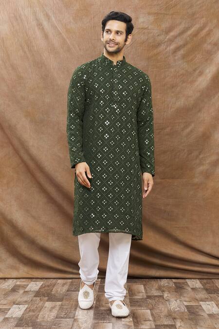 Aham-Vayam Green Cotton Mirror Embroidered Kurta Set