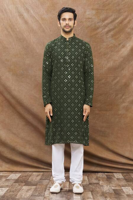 Aham-Vayam_Green Cotton Mirror Embroidered Kurta Set_Online_at_Aza_Fashions