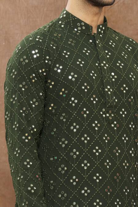 Shop_Aham-Vayam_Green Cotton Mirror Embroidered Kurta Set_Online_at_Aza_Fashions