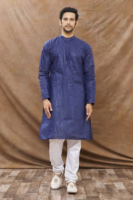 Buy_Aham-Vayam_Blue Cotton Blend Striped Lurex Kurta Set _Online_at_Aza_Fashions