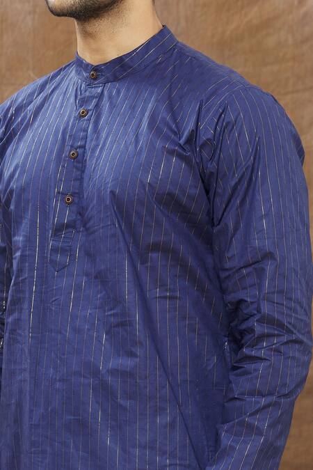 Shop_Aham-Vayam_Blue Cotton Blend Striped Lurex Kurta Set _Online_at_Aza_Fashions