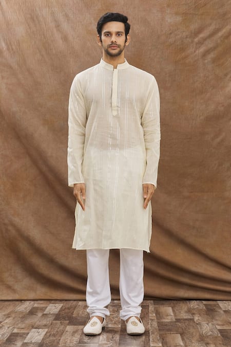 Aham-Vayam_Cream Cotton Blend Striped Hastkala Kurta Set_Online_at_Aza_Fashions